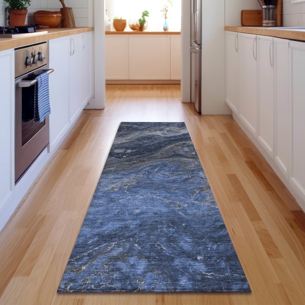 Premium Machine Washable Mayfield  Blue 2'3" x 7'6" Runner Rug. Picture 5