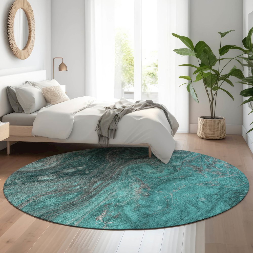 Premium Machine Washable Mayfield  Teal 8' x 8' Round Rug. Picture 5