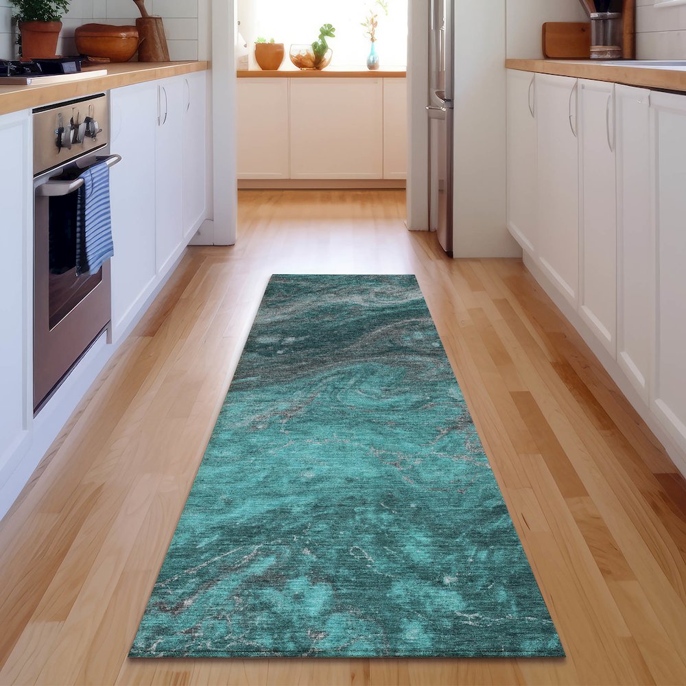Premium Machine Washable Mayfield  Teal 2'3" x 7'6" Runner Rug. Picture 5
