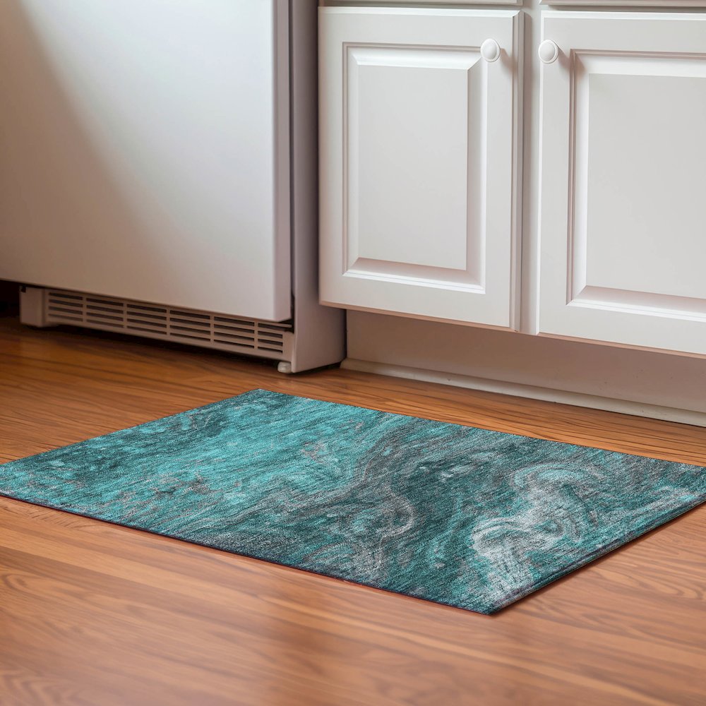 Premium Machine Washable Mayfield  Teal 1'8" x 2'6" Rug. Picture 5