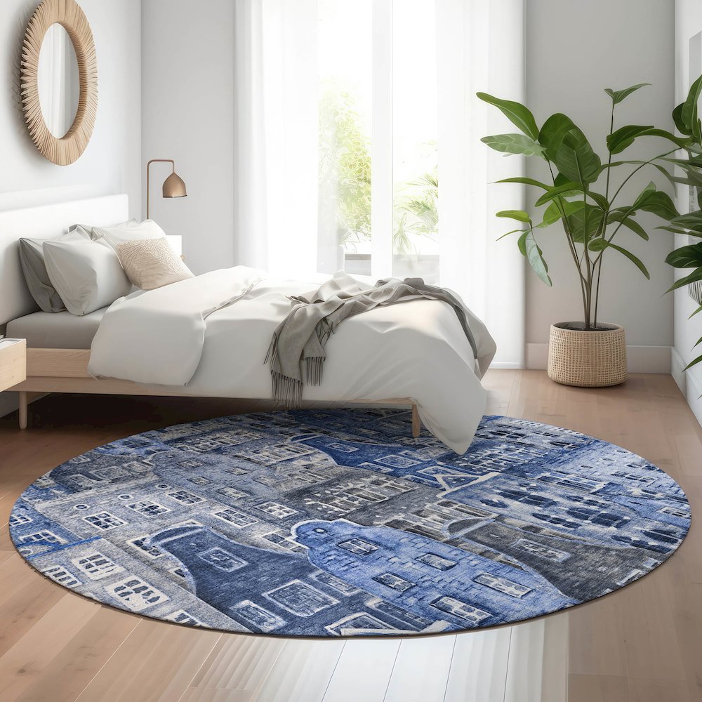 Premium Machine Washable Mayfield  Blue 8' x 8' Round Rug. Picture 5