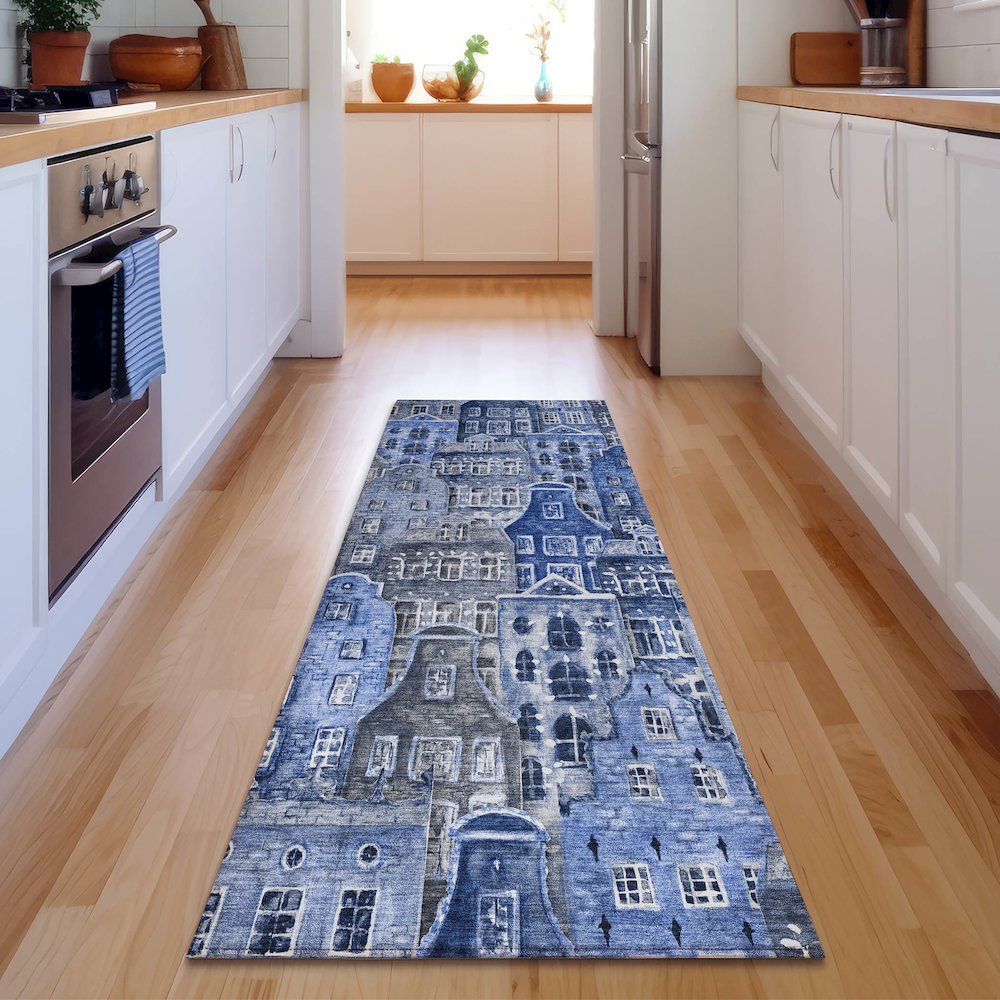 Premium Machine Washable Mayfield  Blue 2'3" x 7'6" Runner Rug. Picture 5