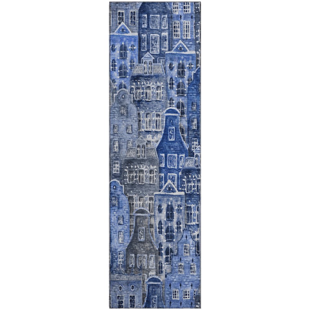 Premium Machine Washable Mayfield  Blue 2'3" x 7'6" Runner Rug. Picture 1