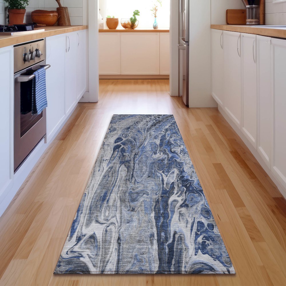 Premium Machine Washable Mayfield  Blue 2'3" x 7'6" Runner Rug. Picture 5
