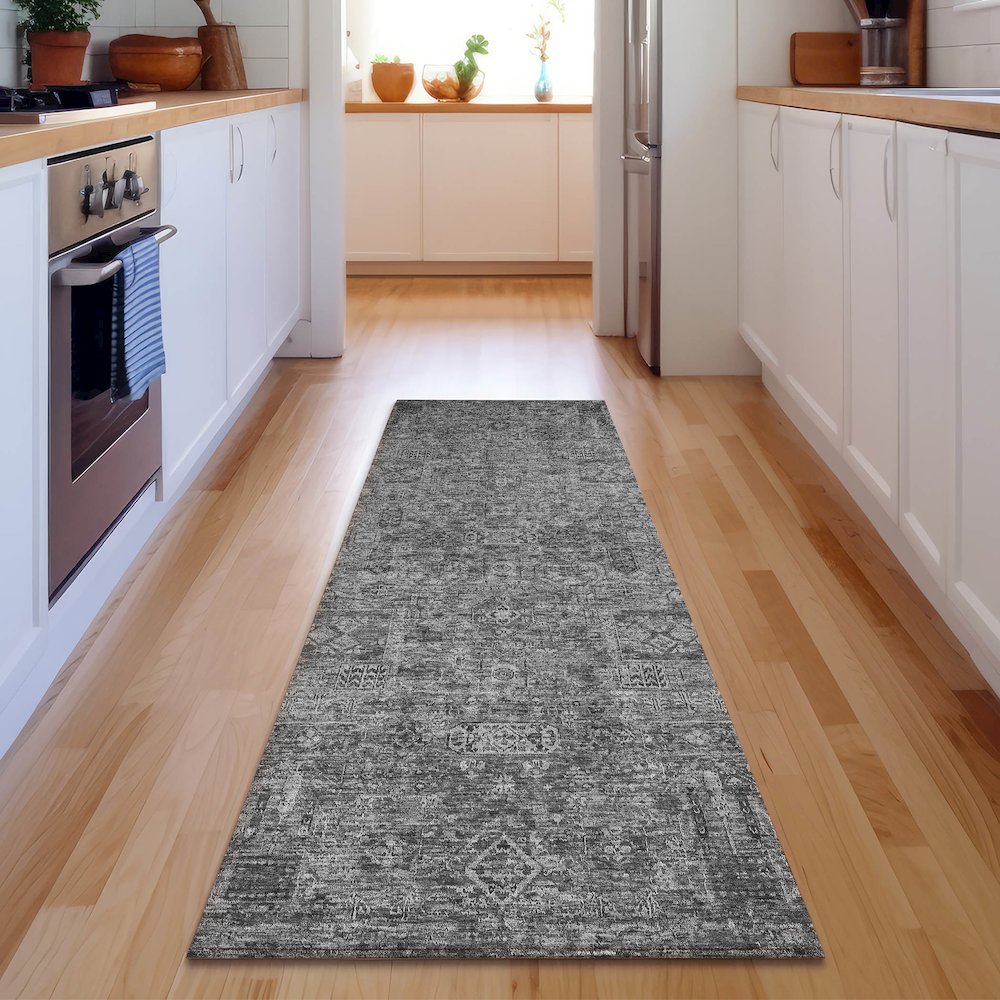 Premium Machine Washable Mayfield  Charcoal 2'3" x 7'6" Runner Rug. Picture 5