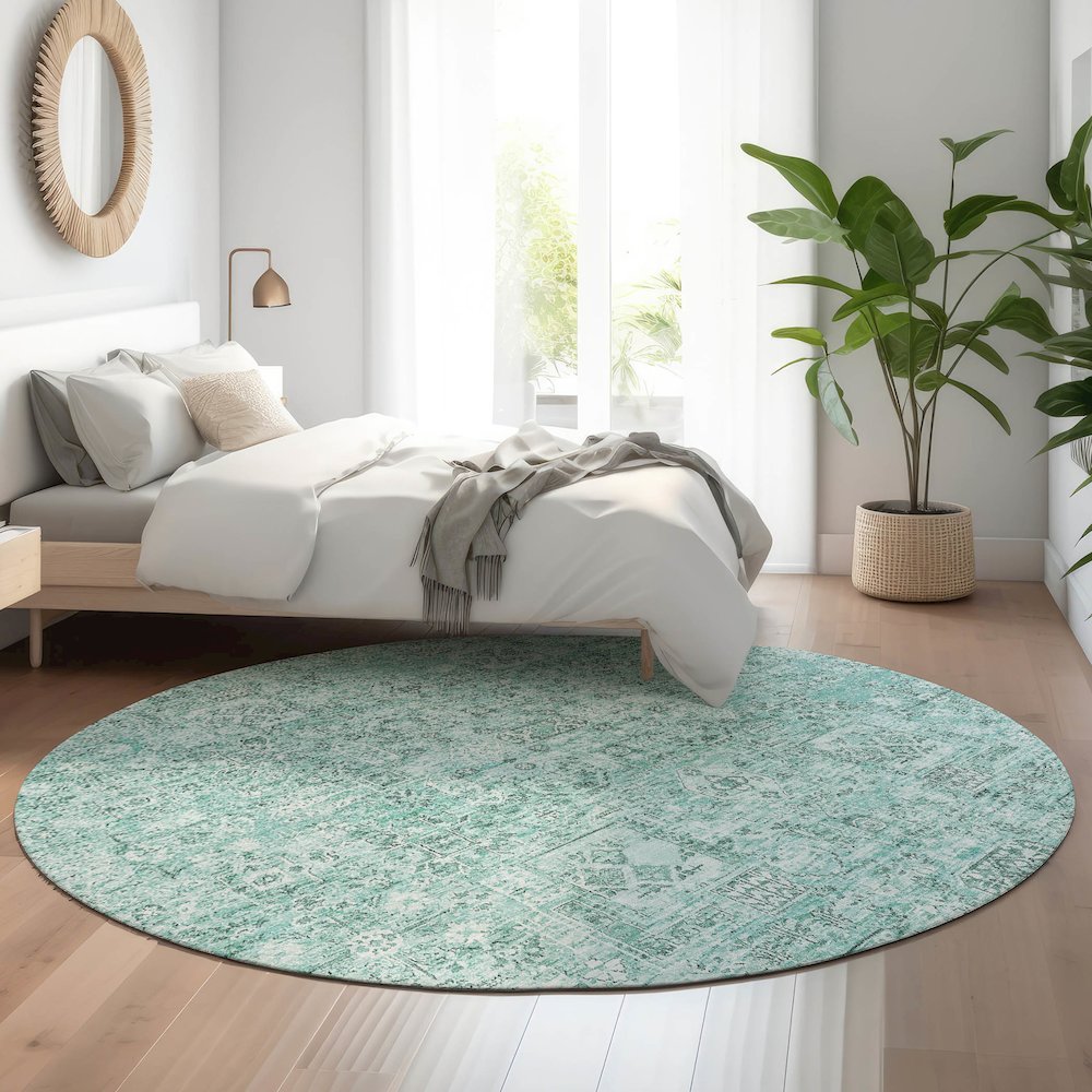 Premium Machine Washable Mayfield  Teal 8' x 8' Round Rug. Picture 5