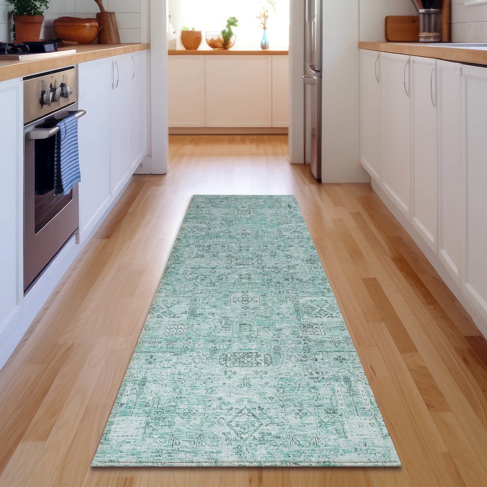 Premium Machine Washable Mayfield  Teal 2'3" x 7'6" Runner Rug. Picture 5