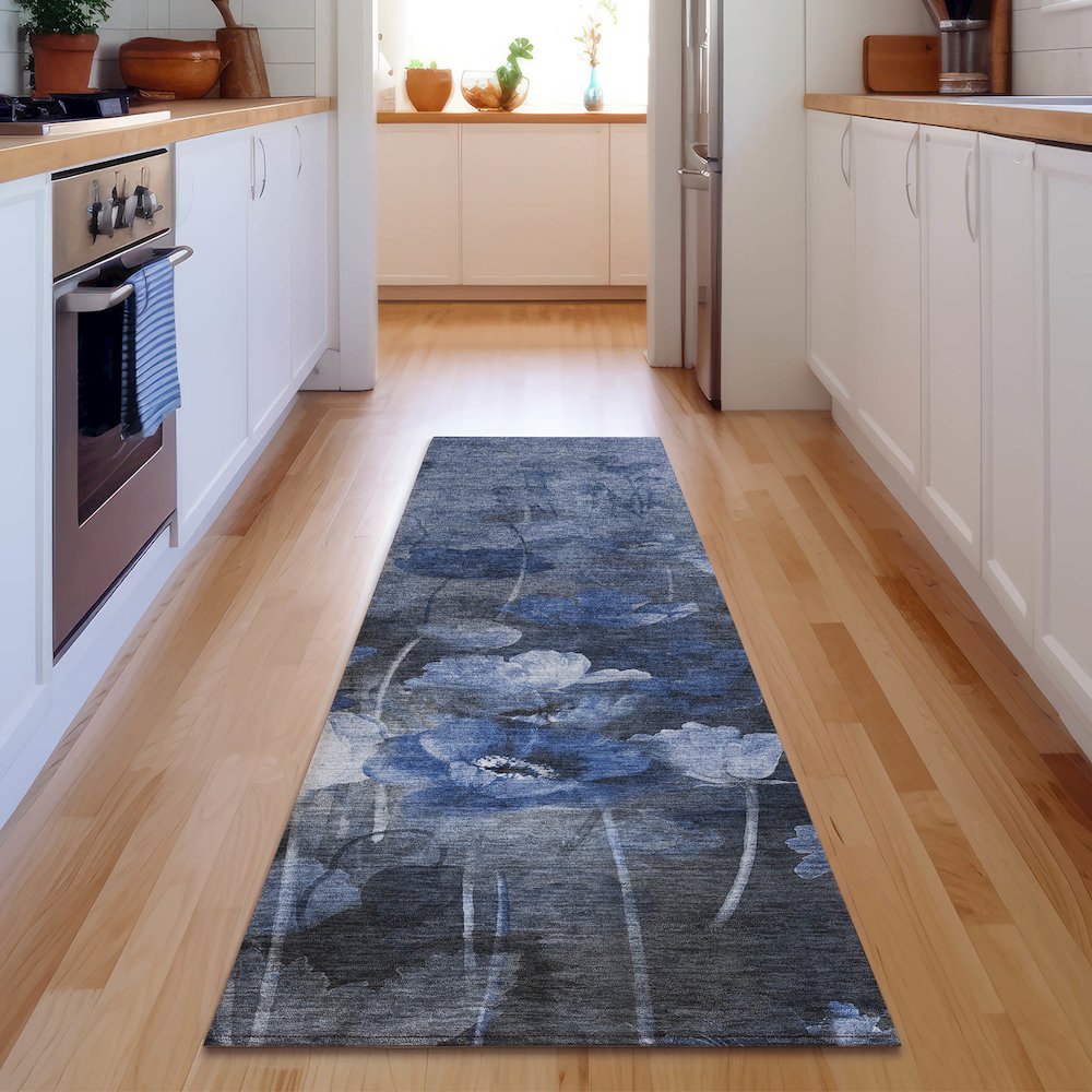Premium Machine Washable Mayfield  Blue 2'3" x 7'6" Runner Rug. Picture 5