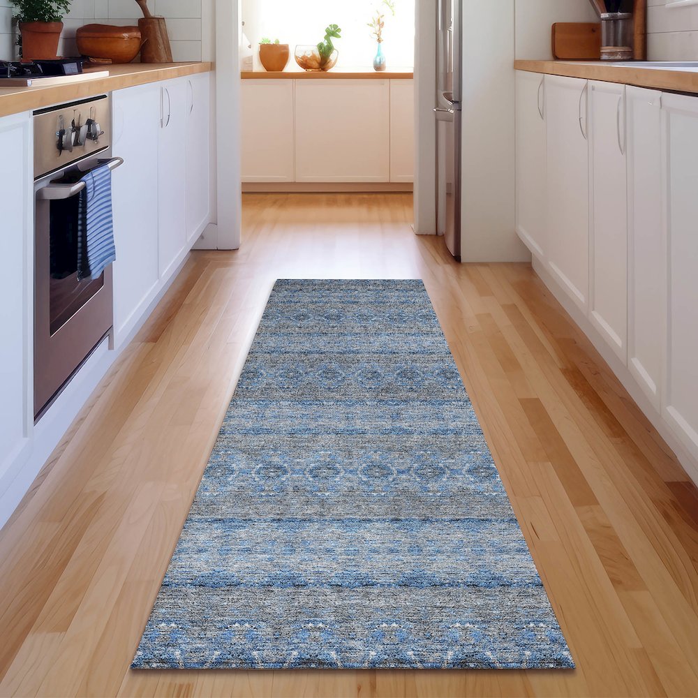 Premium Machine Washable Mayfield  Navy 2'3" x 7'6" Runner Rug. Picture 5