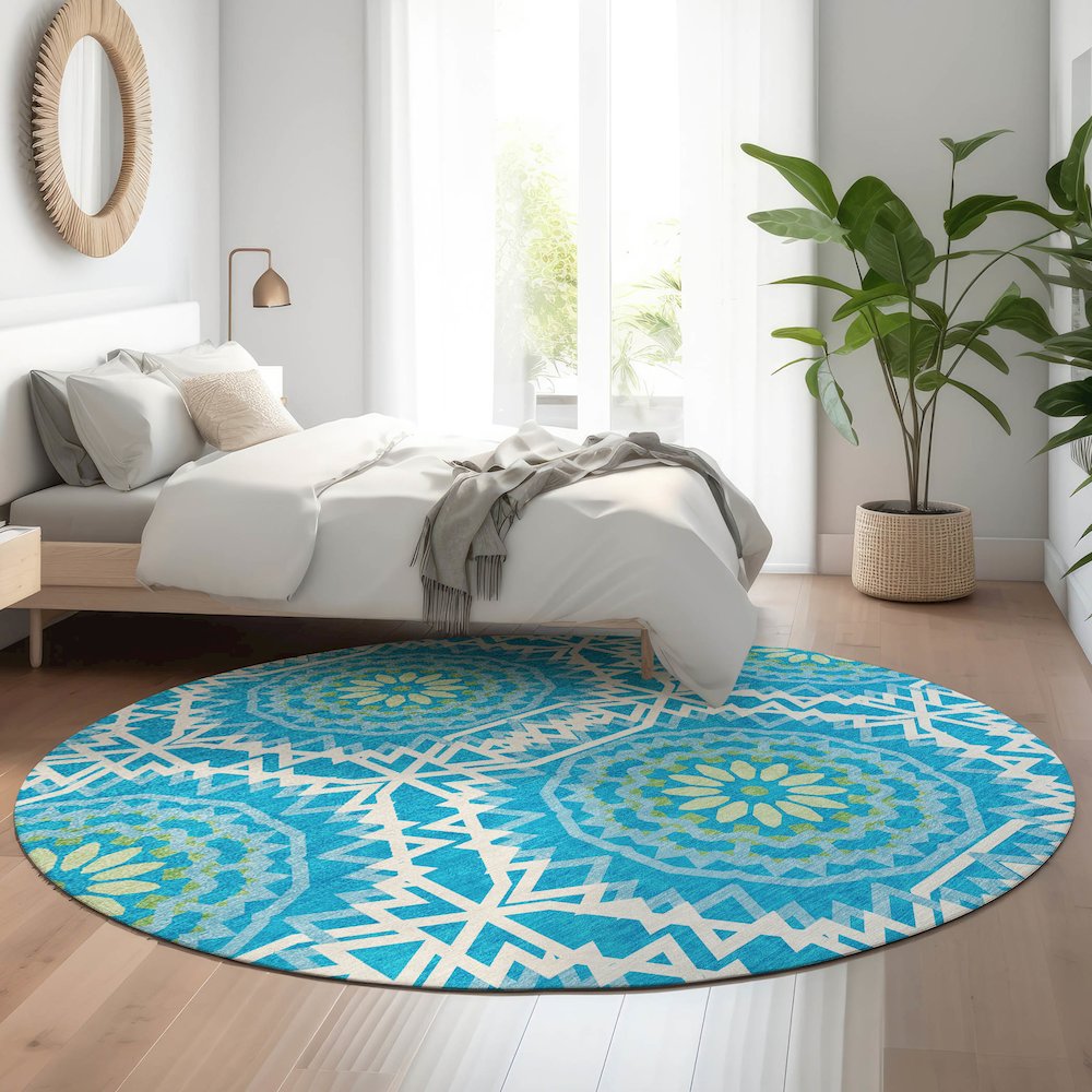 Premium Machine Washable Mayfield  Blue 8' x 8' Round Rug. Picture 5
