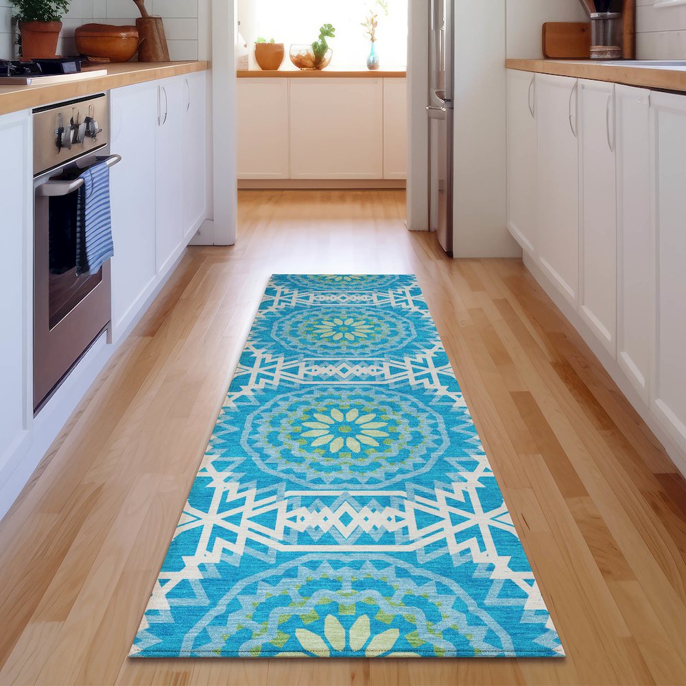 Premium Machine Washable Mayfield  Blue 2'3" x 7'6" Runner Rug. Picture 5