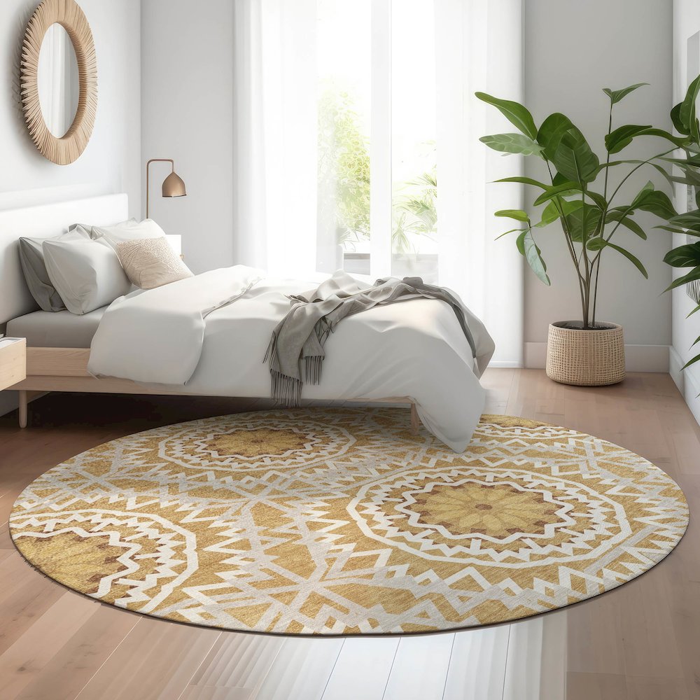 Premium Machine Washable Mayfield  Gold 8' x 8' Round Rug. Picture 5