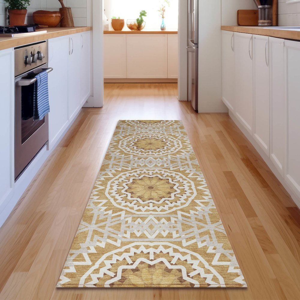 Premium Machine Washable Mayfield  Gold 2'3" x 7'6" Runner Rug. Picture 5