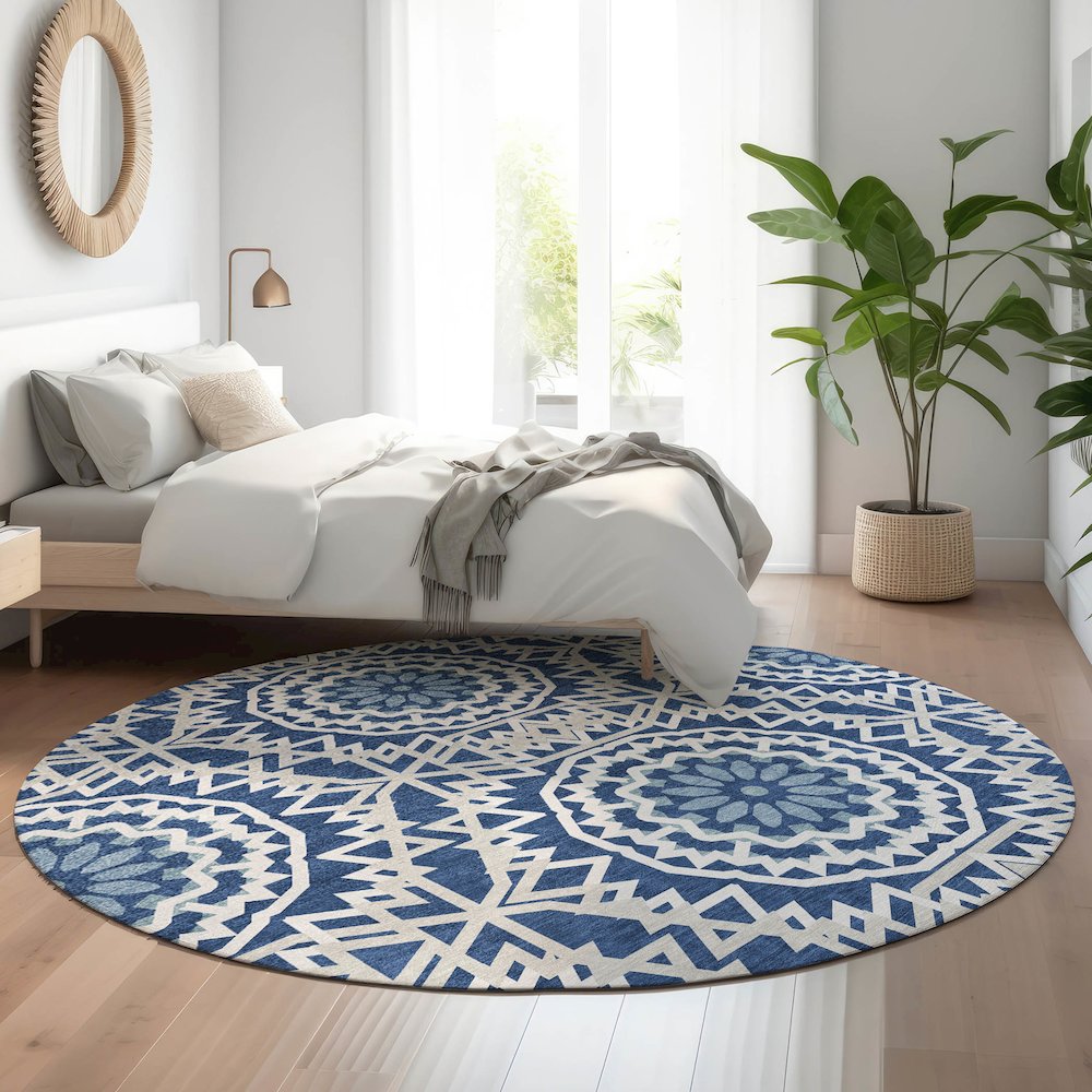 Premium Machine Washable Mayfield  Navy 8' x 8' Round Rug. Picture 5