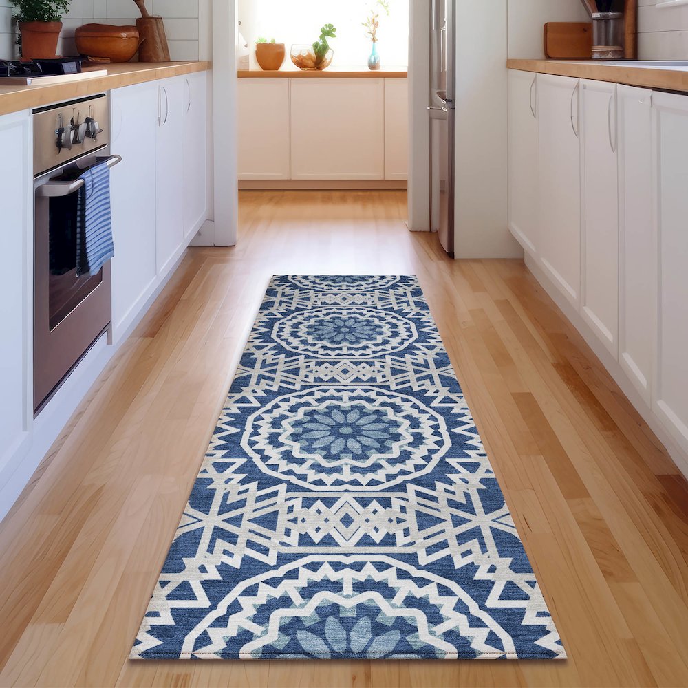 Premium Machine Washable Mayfield  Navy 2'3" x 7'6" Runner Rug. Picture 5
