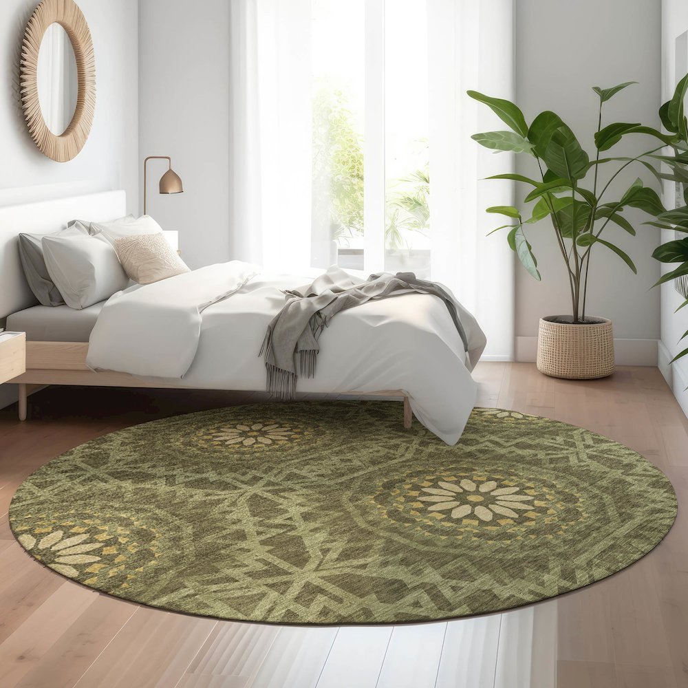 Premium Machine Washable Mayfield  Olive 8' x 8' Round Rug. Picture 5