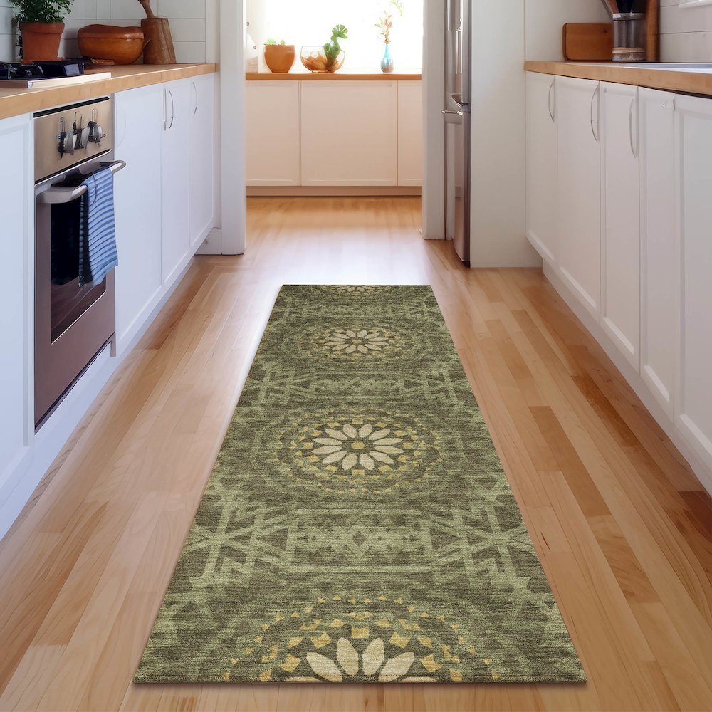 Premium Machine Washable Mayfield  Olive 2'3" x 7'6" Runner Rug. Picture 5