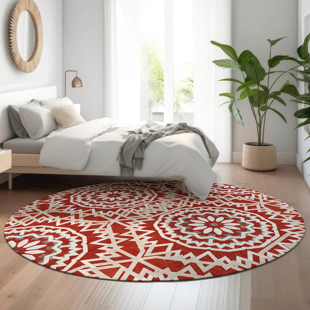 Premium Machine Washable Mayfield  Red 8' x 8' Round Rug. Picture 5