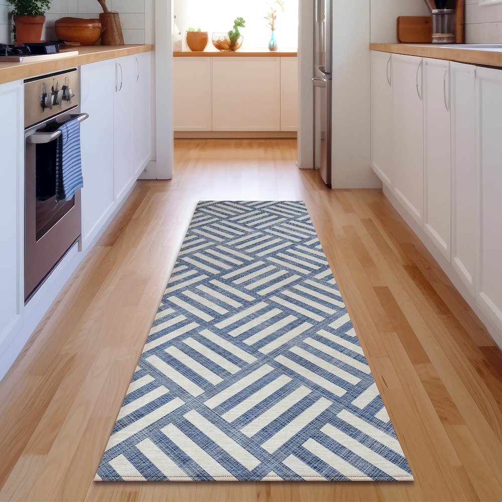 Premium Machine Washable Mayfield  Navy 2'3" x 7'6" Runner Rug. Picture 5