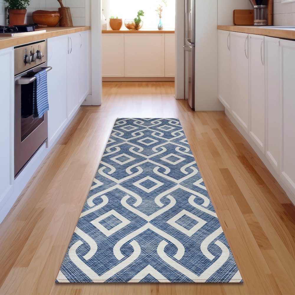 Premium Machine Washable Mayfield  Navy 2'3" x 7'6" Runner Rug. Picture 5