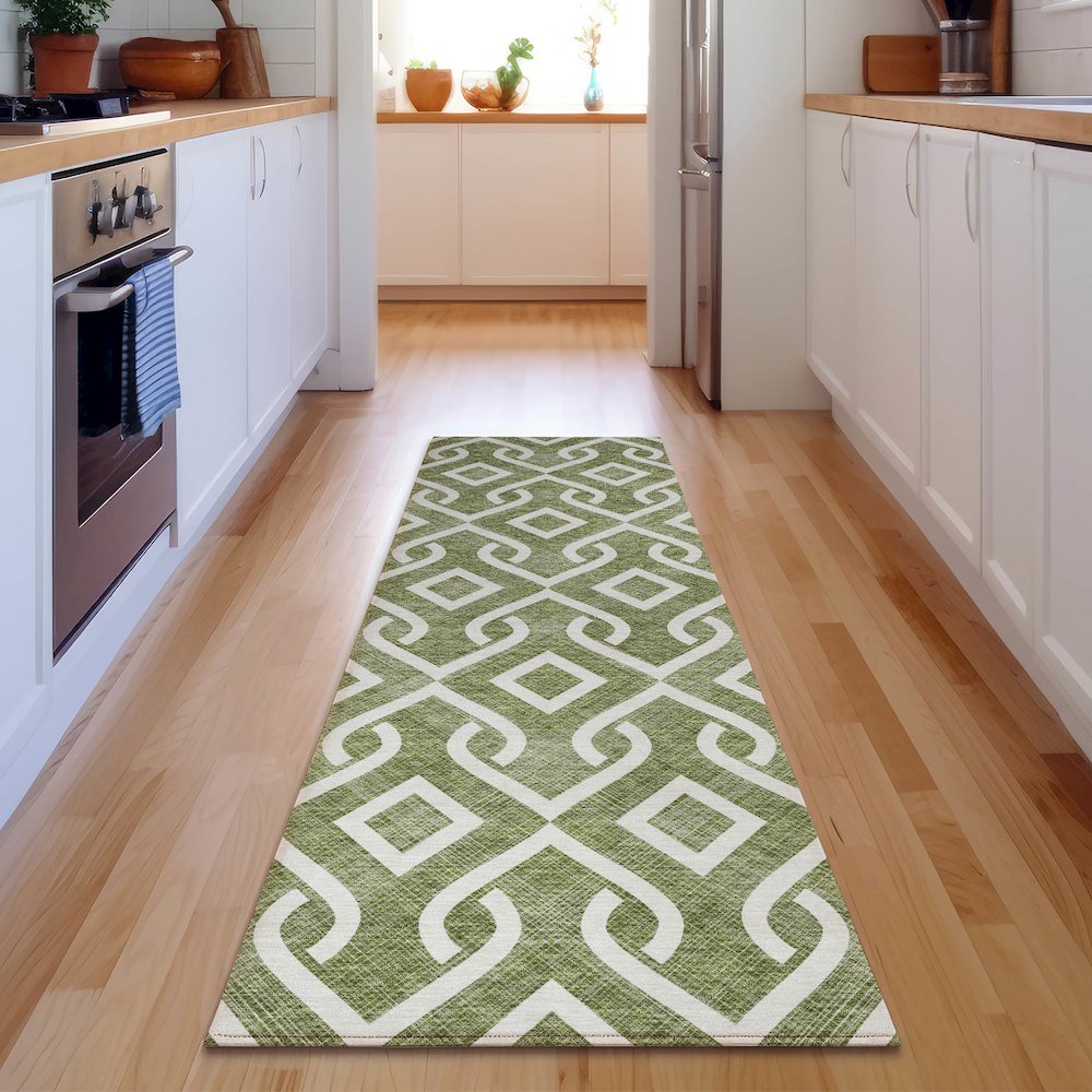 Premium Machine Washable Mayfield  Olive 2'3" x 7'6" Runner Rug. Picture 5