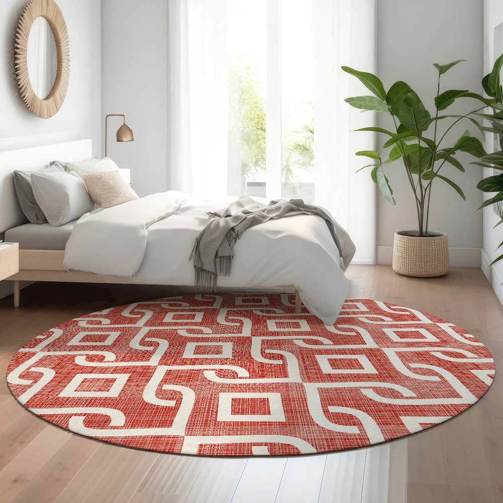 Premium Machine Washable Mayfield  Red 8' x 8' Round Rug. Picture 5