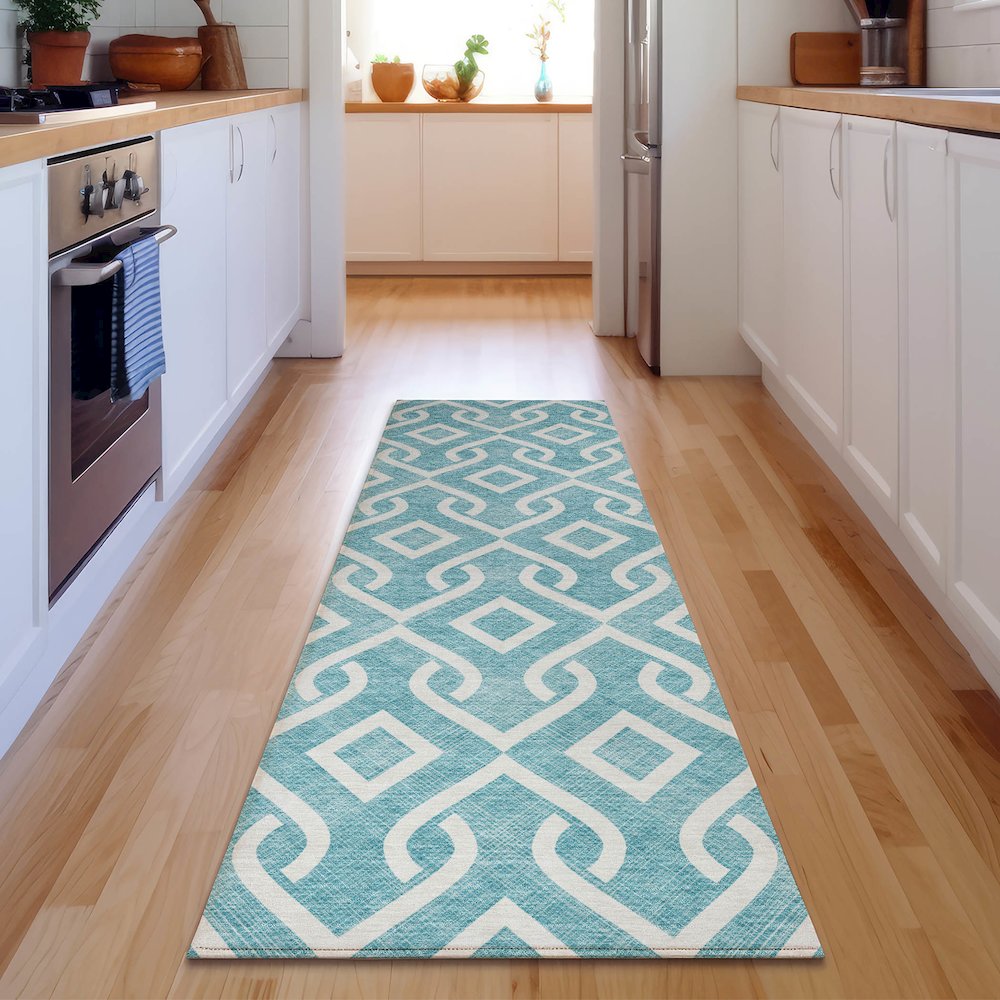 Premium Machine Washable Mayfield  Teal 2'3" x 7'6" Runner Rug. Picture 5