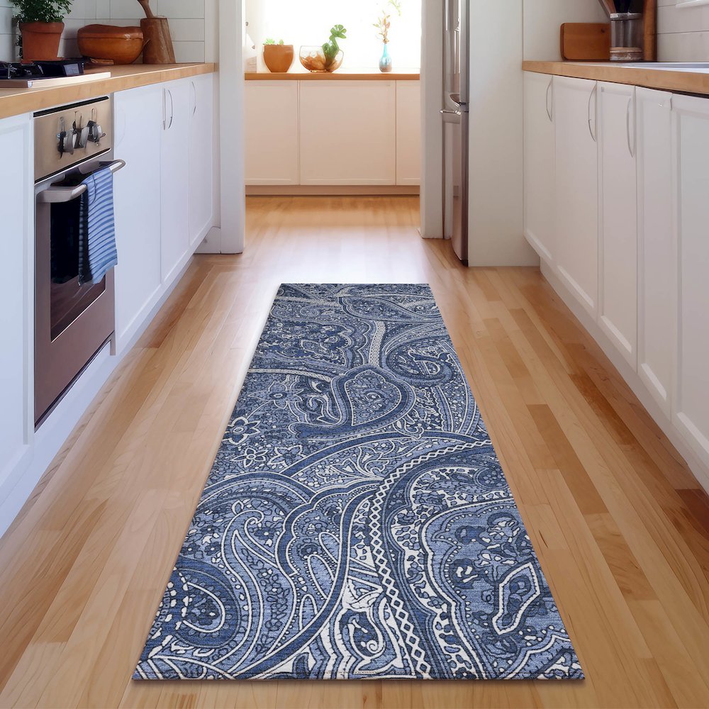 Premium Machine Washable Mayfield  Navy 2'3" x 7'6" Runner Rug. Picture 5
