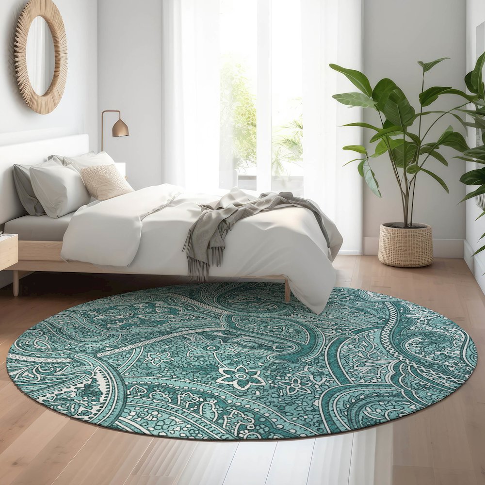 Premium Machine Washable Mayfield  Teal 8' x 8' Round Rug. Picture 5
