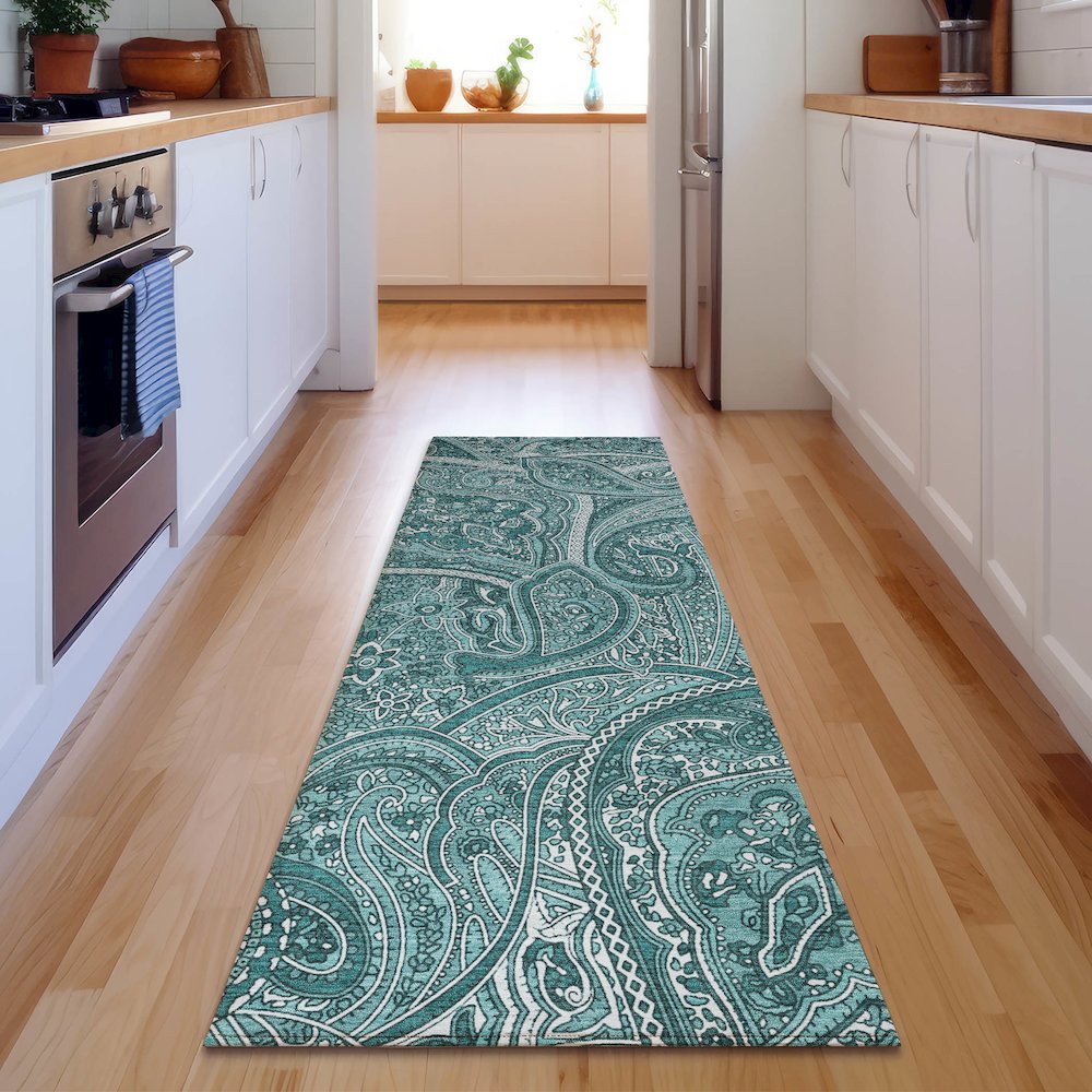 Premium Machine Washable Mayfield  Teal 2'3" x 7'6" Runner Rug. Picture 5