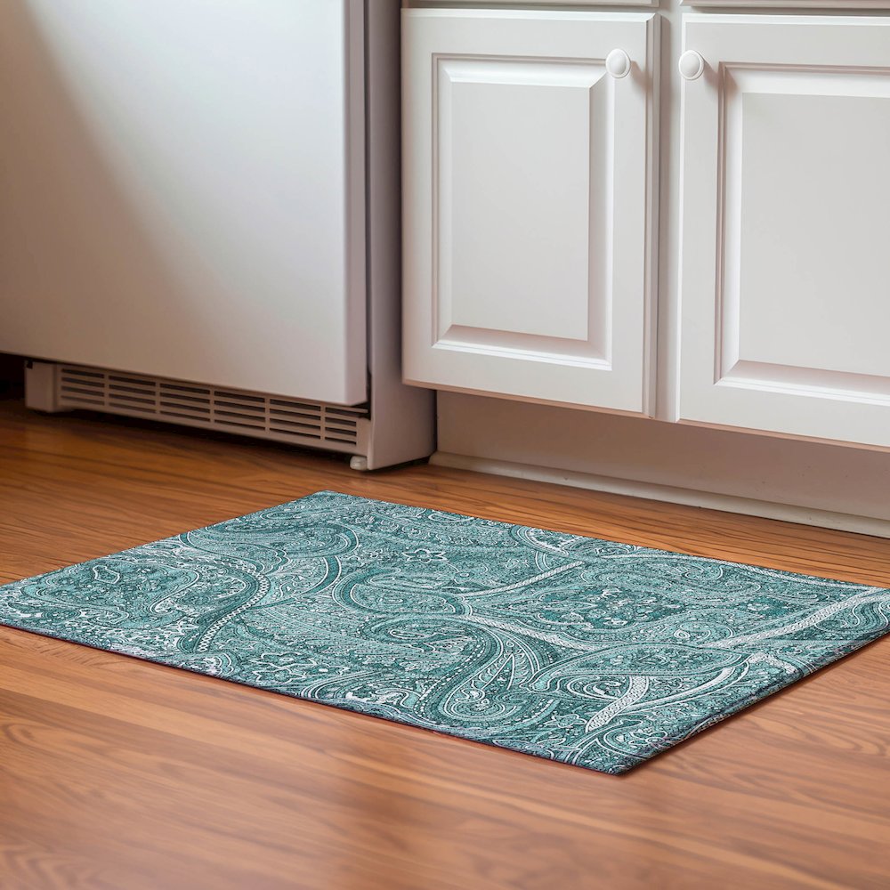 Premium Machine Washable Mayfield  Teal 1'8" x 2'6" Rug. Picture 5