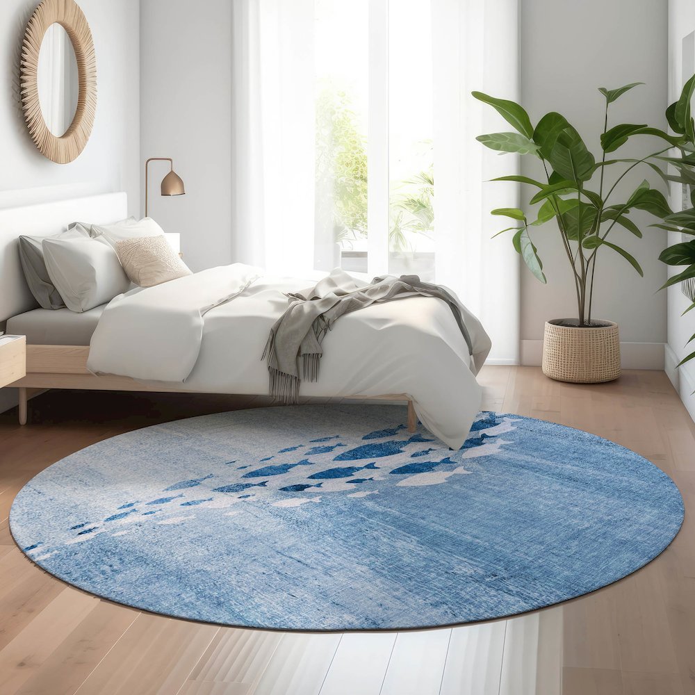 Premium Machine Washable Mayfield  Blue 8' x 8' Round Rug. Picture 5
