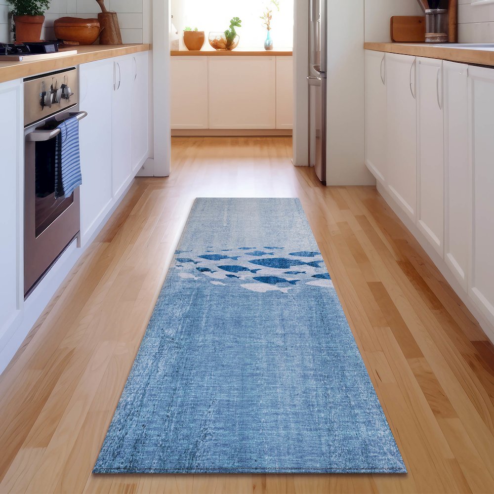 Premium Machine Washable Mayfield  Blue 2'3" x 7'6" Runner Rug. Picture 5