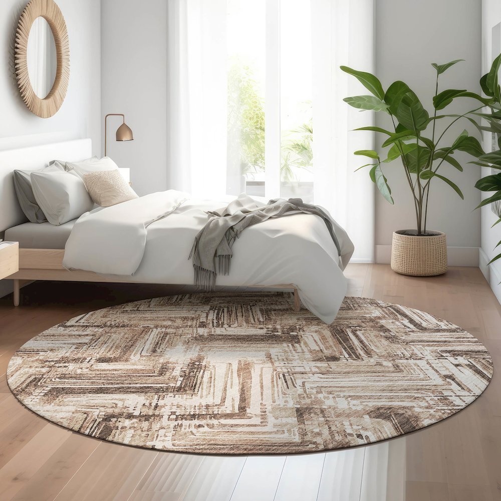 Premium Machine Washable Mayfield  Brown 8' x 8' Round Rug. Picture 5
