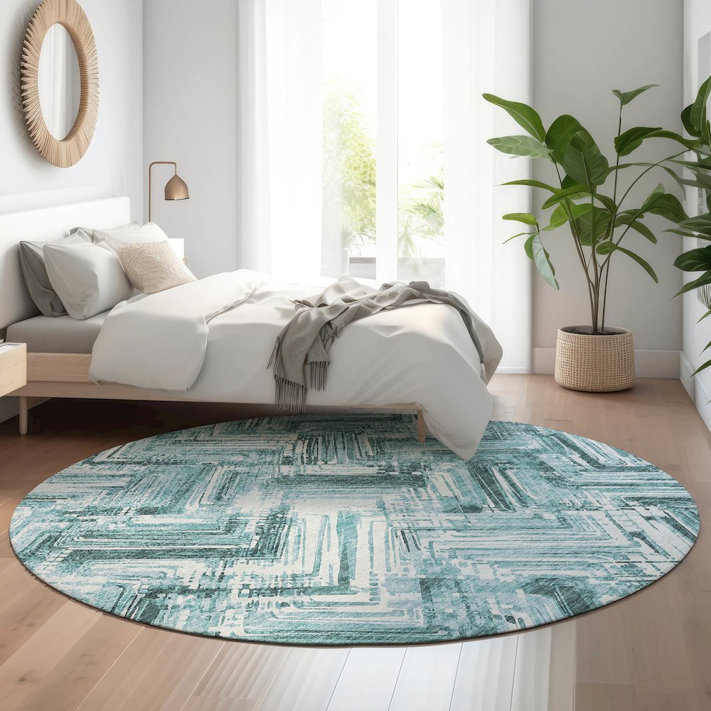 Premium Machine Washable Mayfield  Teal 8' x 8' Round Rug. Picture 5