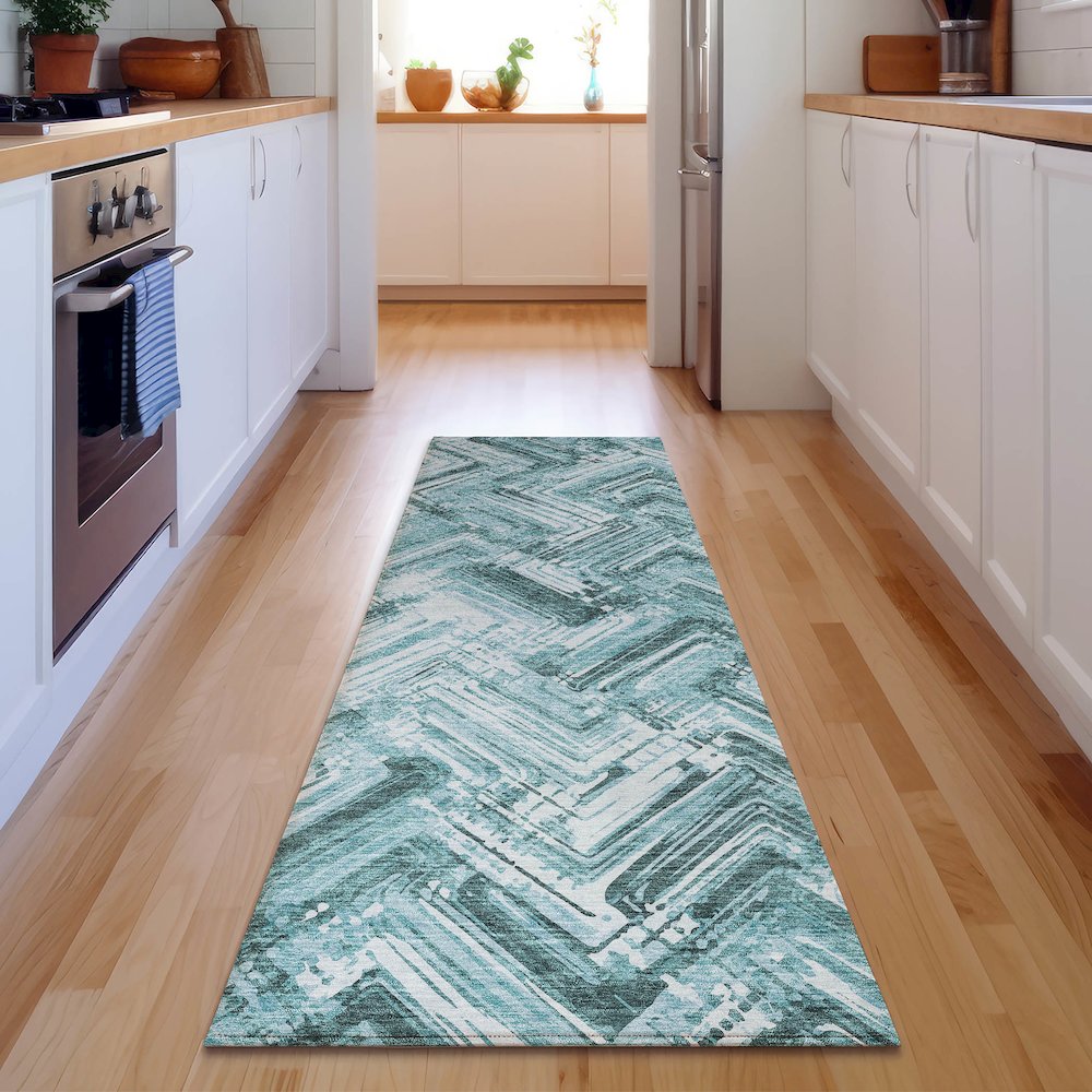 Premium Machine Washable Mayfield  Teal 2'3" x 7'6" Runner Rug. Picture 5