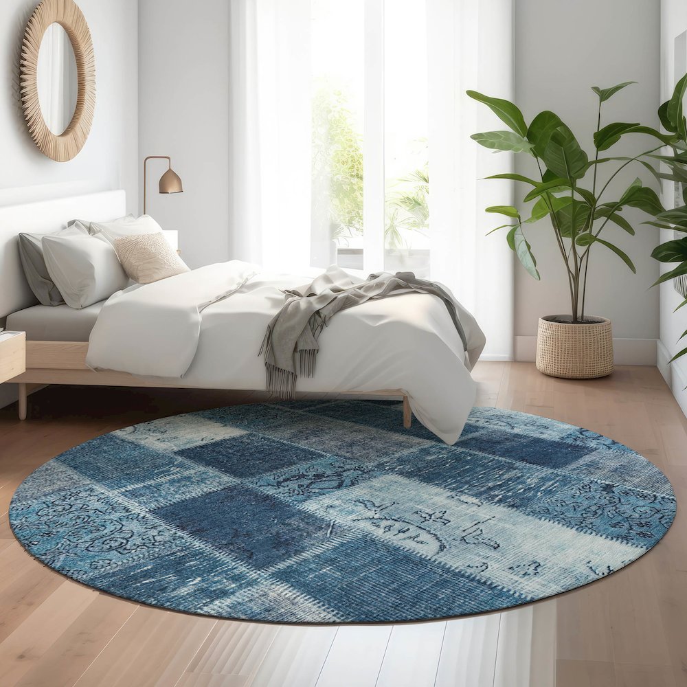 Premium Machine Washable Mayfield  Blue 8' x 8' Round Rug. Picture 5