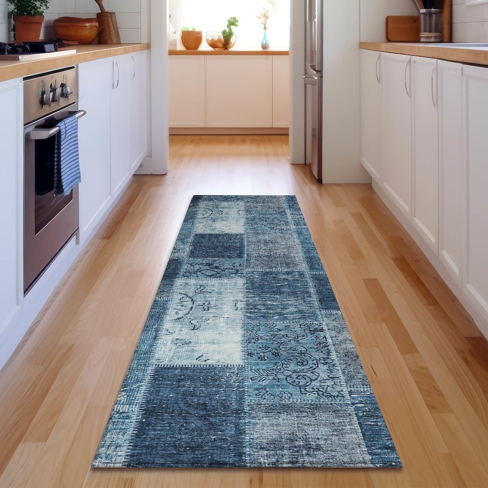 Premium Machine Washable Mayfield  Blue 2'3" x 7'6" Runner Rug. Picture 5