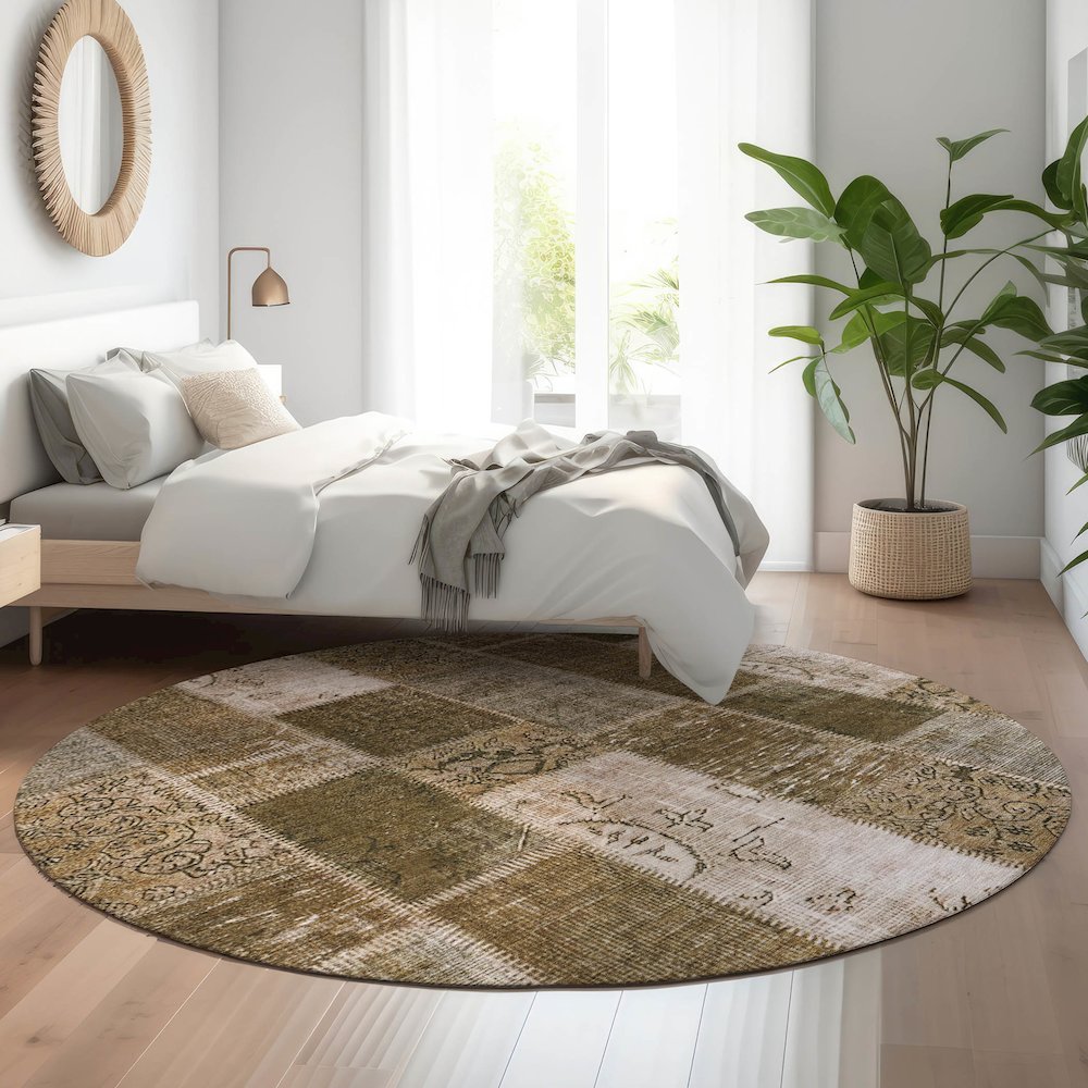 Premium Machine Washable Mayfield  Brown 8' x 8' Round Rug. Picture 5