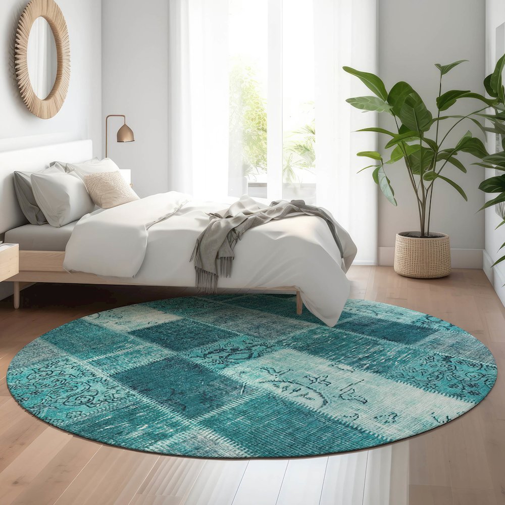 Premium Machine Washable Mayfield  Teal 8' x 8' Round Rug. Picture 5