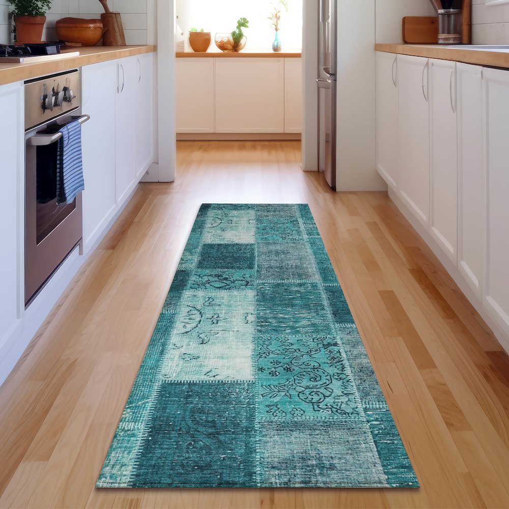 Premium Machine Washable Mayfield  Teal 2'3" x 7'6" Runner Rug. Picture 5