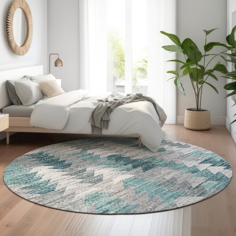 Premium Machine Washable Mayfield  Teal 8' x 8' Round Rug. Picture 5
