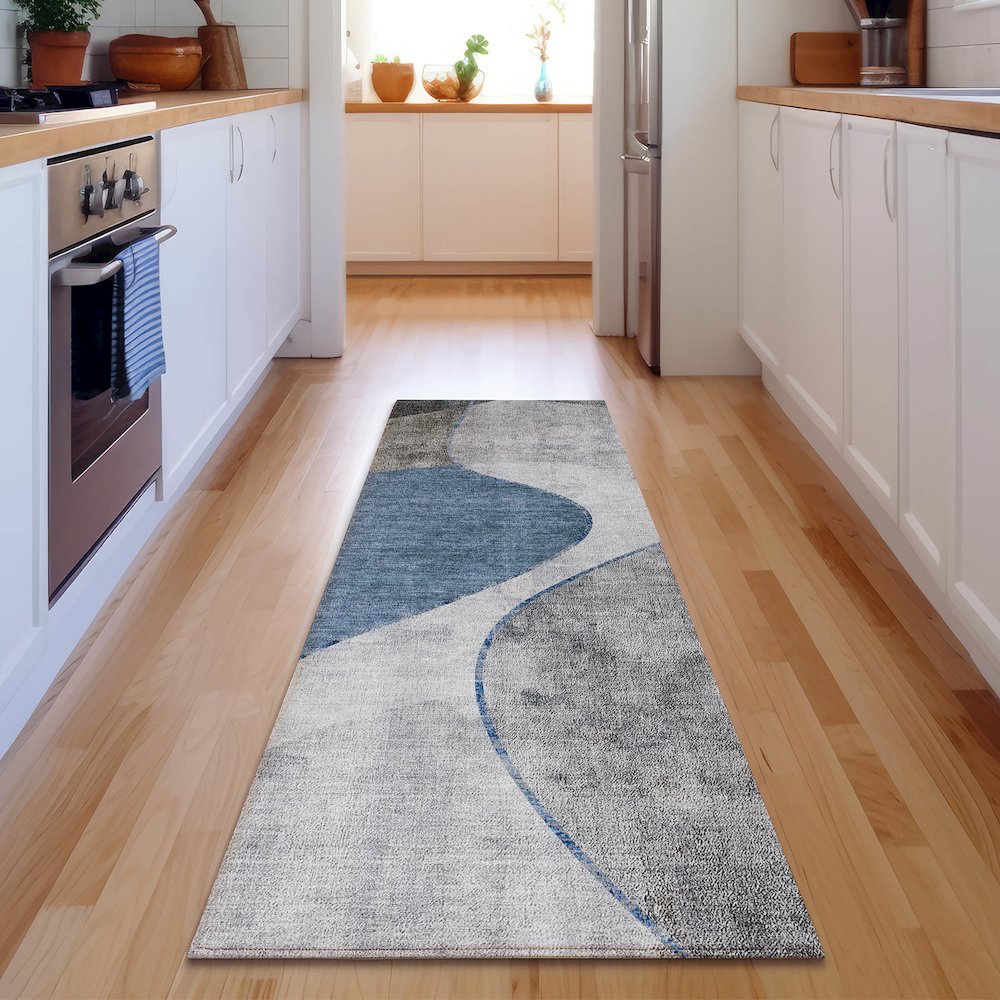 Premium Machine Washable Mayfield  Blue 2'3" x 7'6" Runner Rug. Picture 5