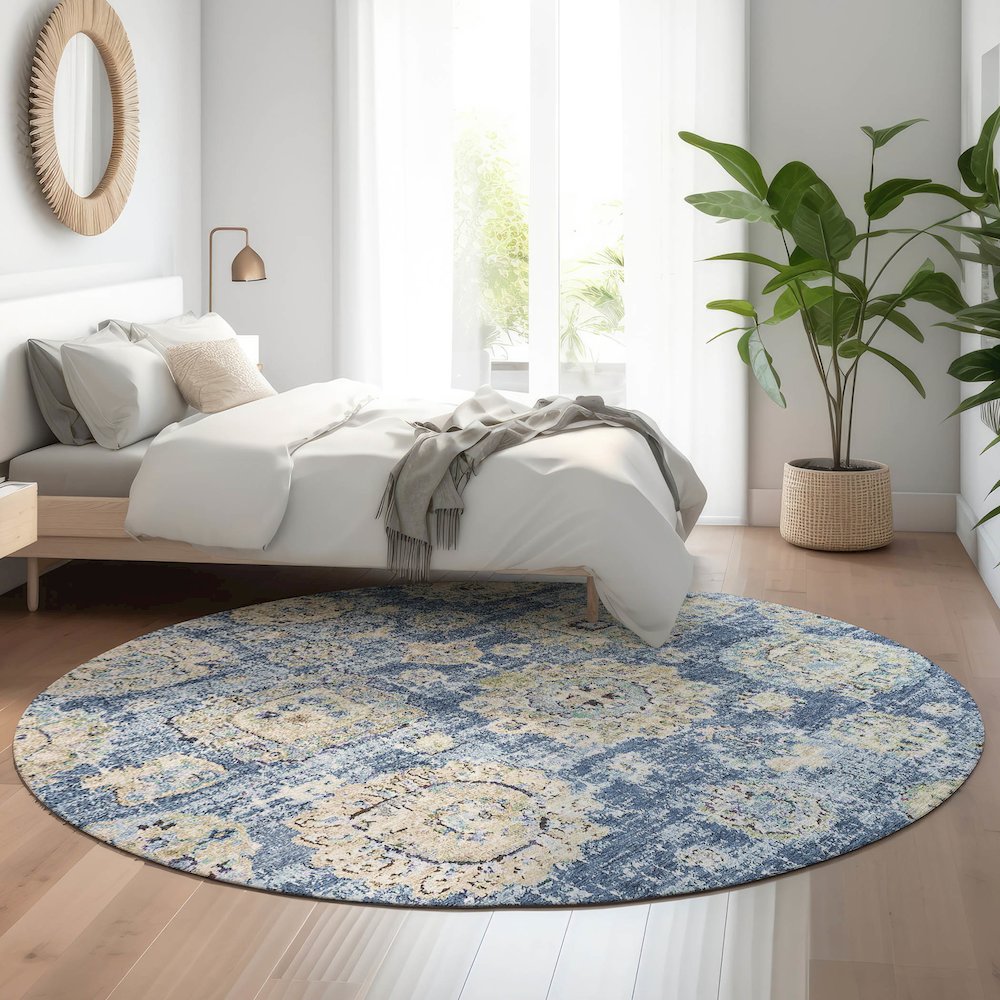Premium Machine Washable Mayfield  Blue 8' x 8' Round Rug. Picture 5