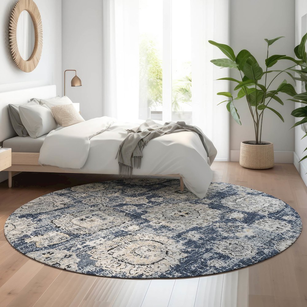 Premium Machine Washable Mayfield  Navy 8' x 8' Round Rug. Picture 5