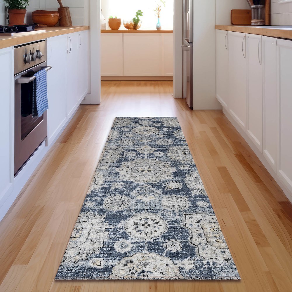 Premium Machine Washable Mayfield  Navy 2'3" x 7'6" Runner Rug. Picture 5