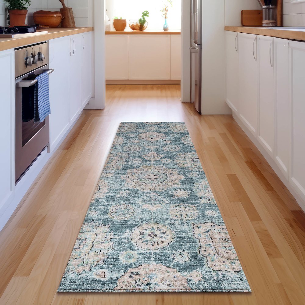 Premium Machine Washable Mayfield  Teal 2'3" x 7'6" Runner Rug. Picture 5