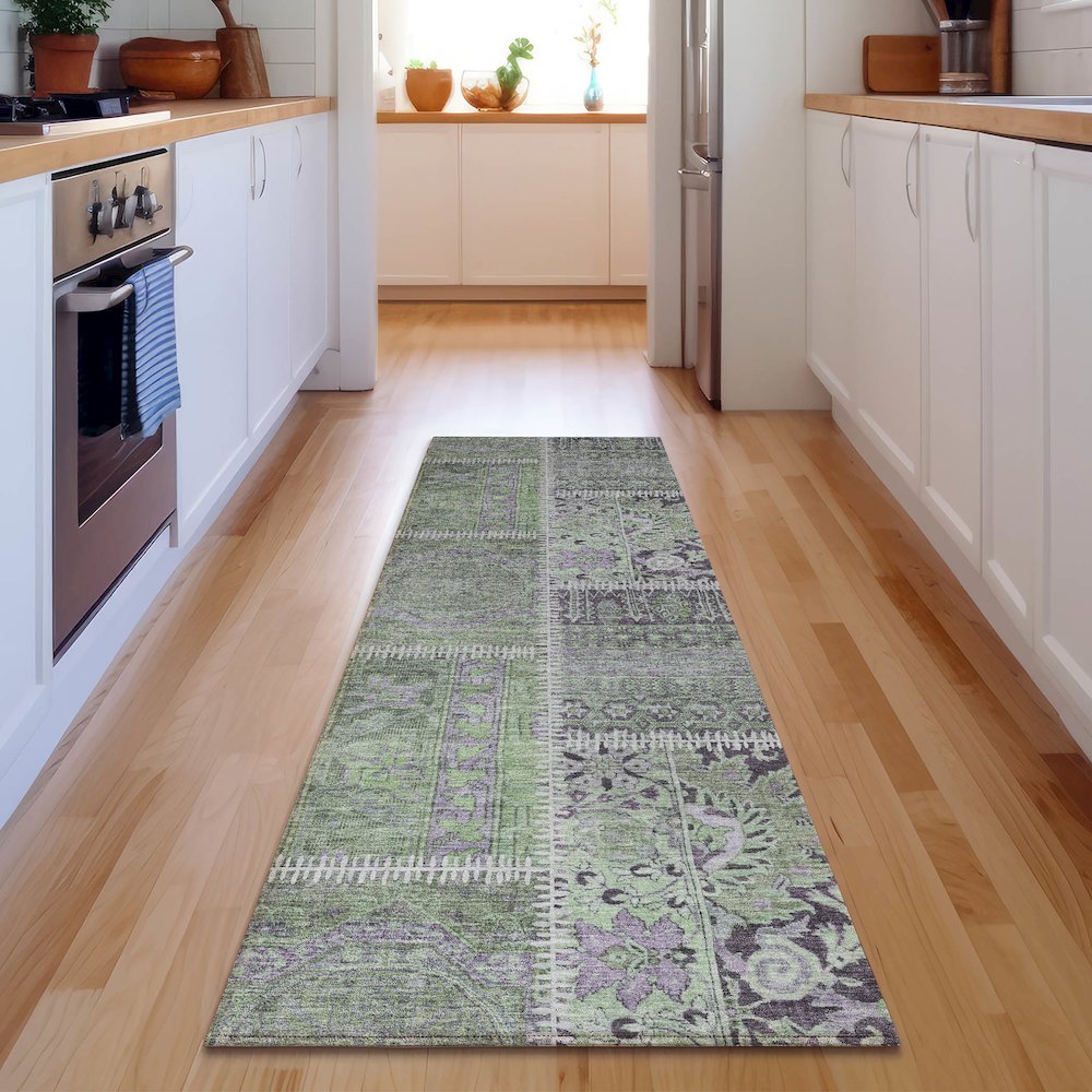 Premium Machine Washable Mayfield  Green 2'3" x 7'6" Runner Rug. Picture 5