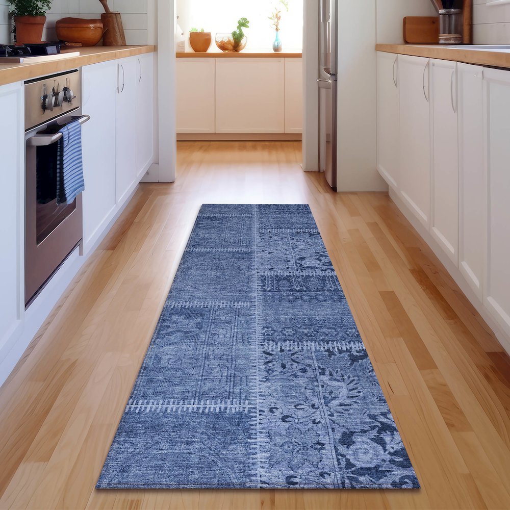 Premium Machine Washable Mayfield  Navy 2'3" x 7'6" Runner Rug. Picture 5