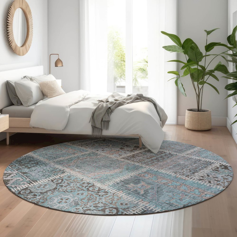 Premium Machine Washable Mayfield  Teal 8' x 8' Round Rug. Picture 5